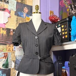 Anne Klein Pinstripe Belted Short Sleeve Blazer Top